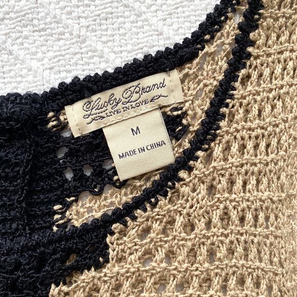 Lucky Brand Crochet Button-Back Tank Top Split Black Tan Boho Open Knit Medium - Picture 7 of 10